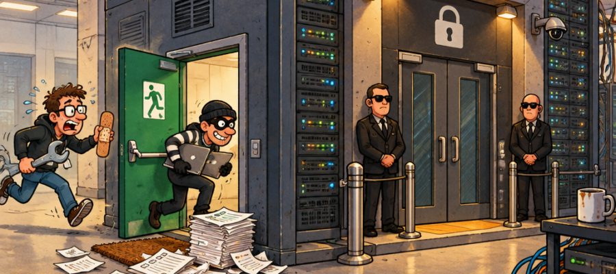 Karikatur zur php2shell PHP-Sicherheitslücke: Haupteingang des Servers bewacht, ein Einbrecher schlüpft durch den offenen Notausgang, der Admin rennt mit Patch herbei