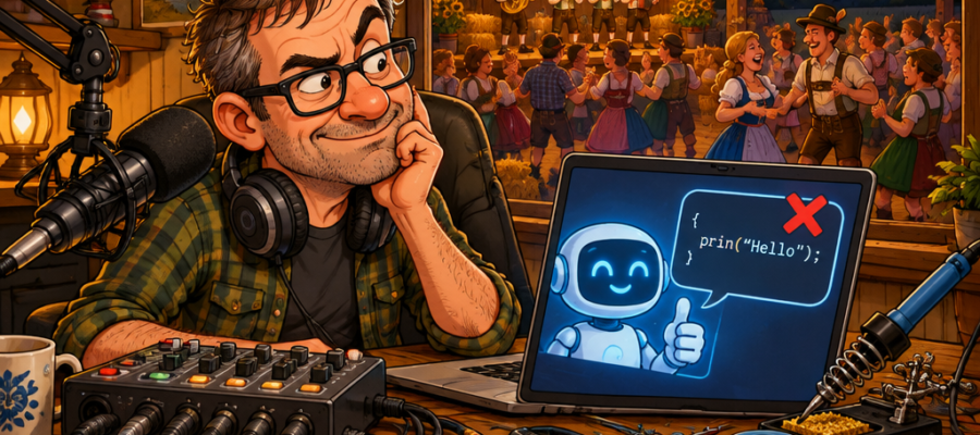 Karikatur: Hobbybastler am Mischpult schaut skeptisch auf einen KI-Roboter mit fehlerhaftem Code, im Hintergrund Oktoberfest in der Friesenscheune – erste Erfahrungen mit KI